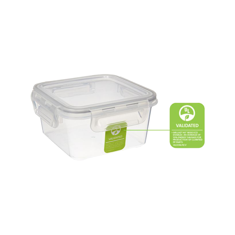 Plastic container showcasing the positive sustainability impact of using Milliken PP clarifier